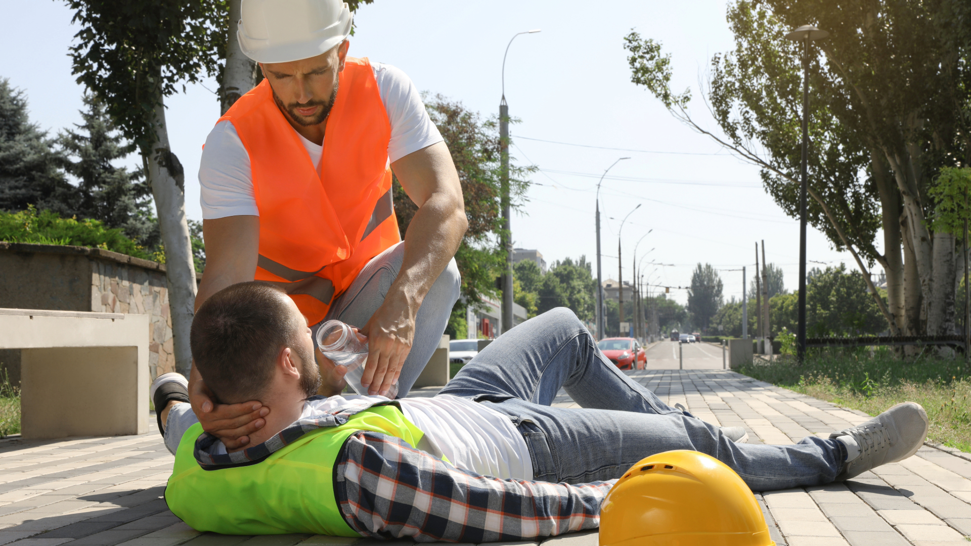 stock photo of someone feeding another sick worker water